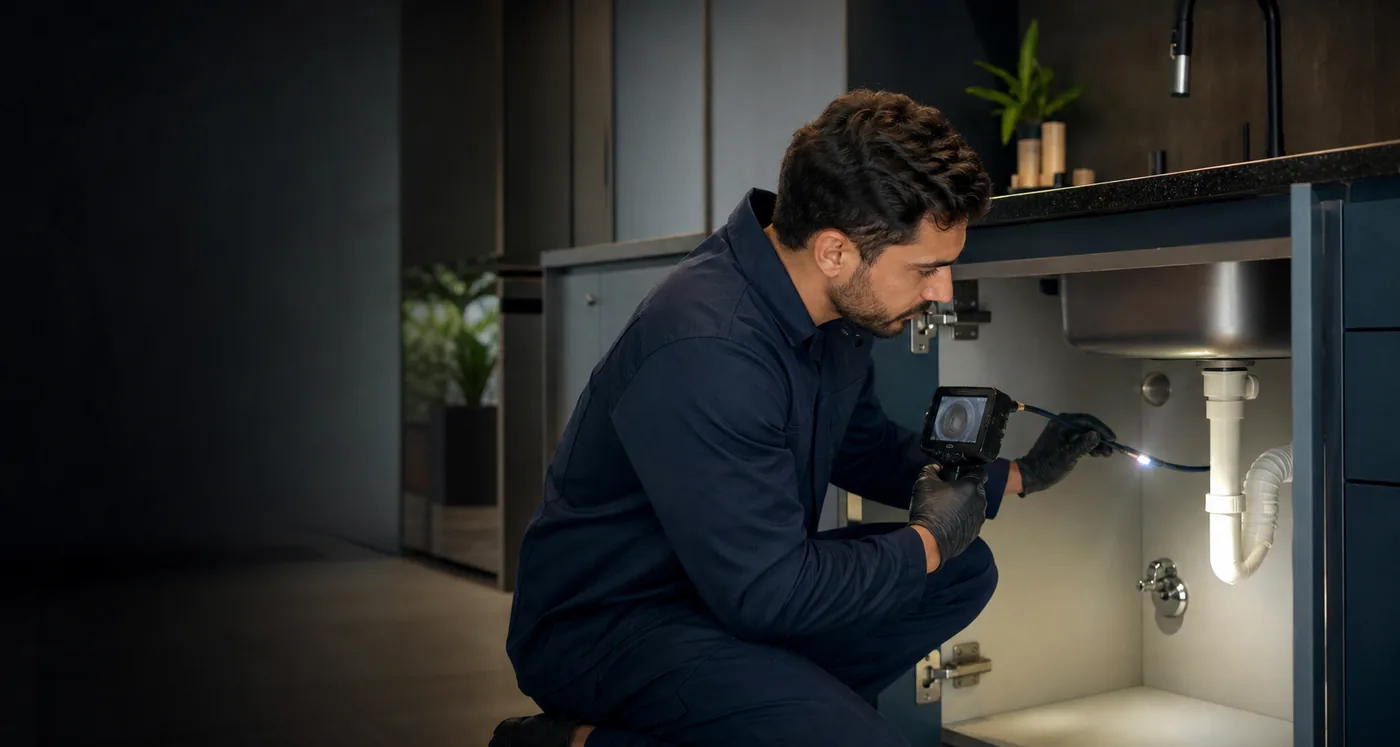 Técnico avaliando a tubulação antes do orçamento