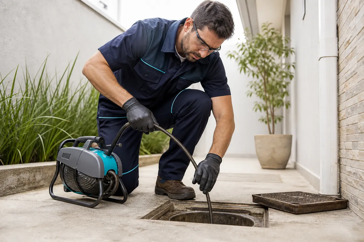 Técnico da Kronos realizando desentupimento com equipamento profissional