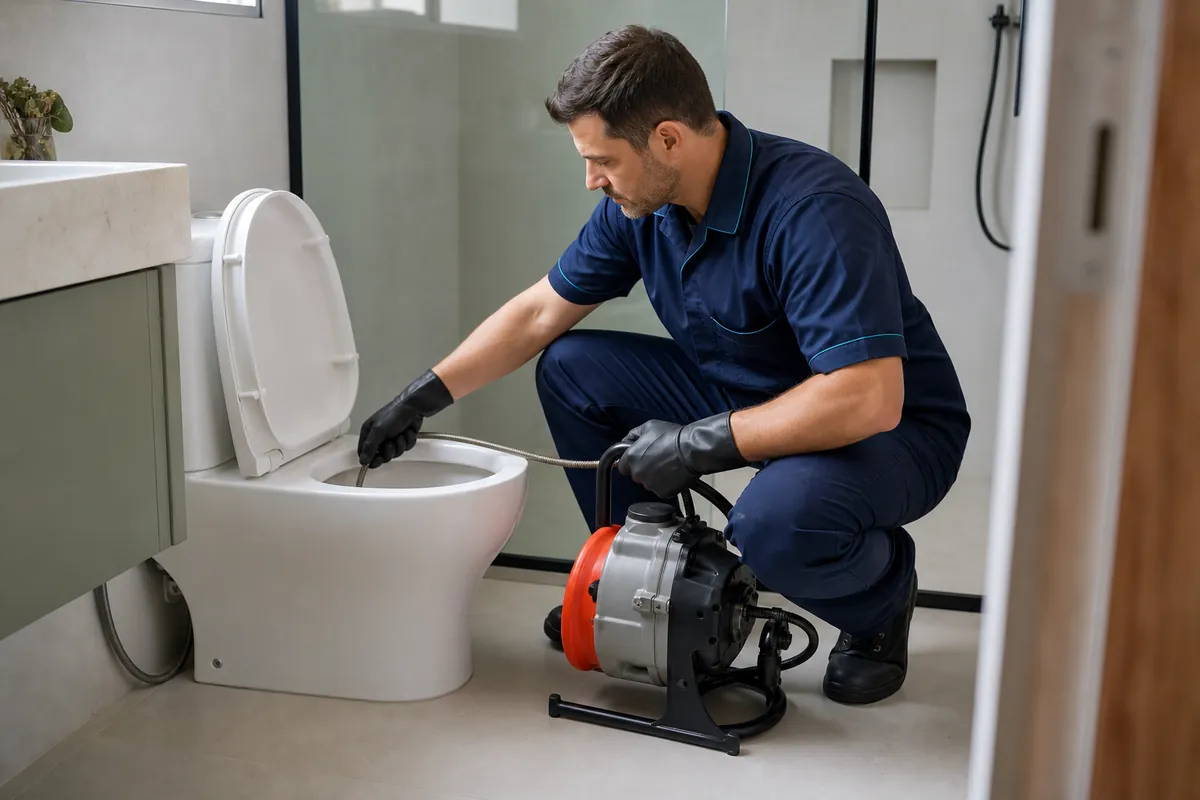 Técnico realizando desentupimento de vaso sanitário