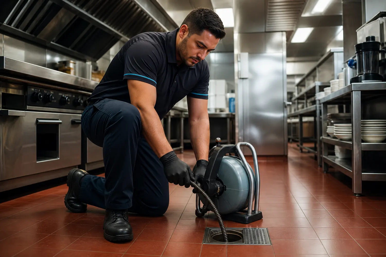 Técnico realizando desentupimento em cozinha comercial
