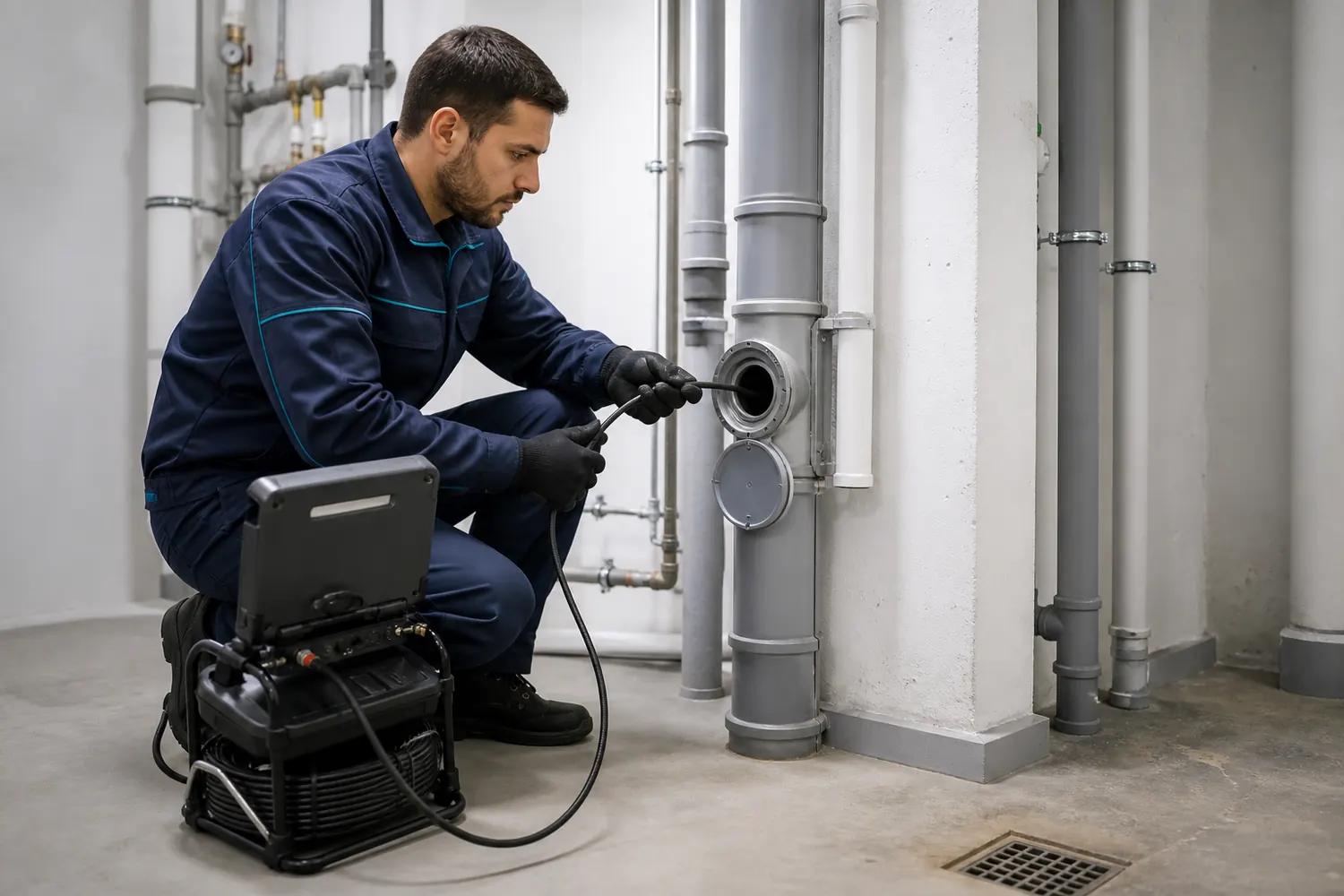Técnico realizando manutenção em coluna predial