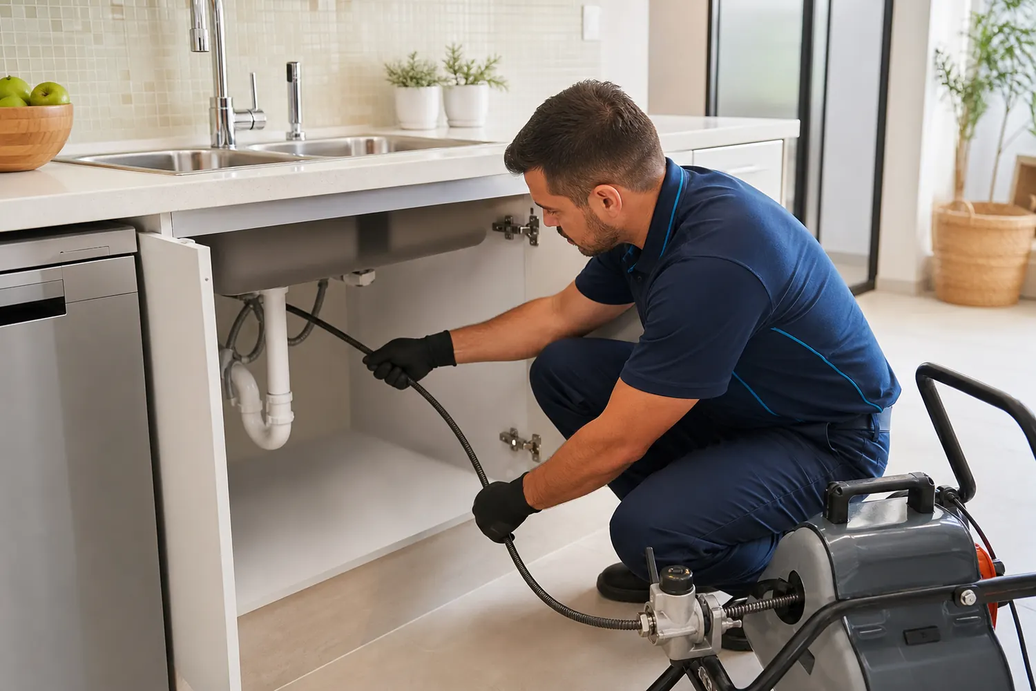 Técnico realizando desentupimento em cozinha residencial